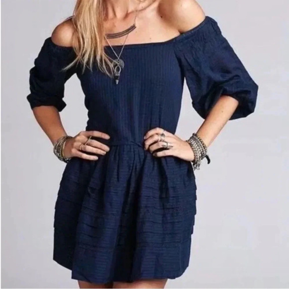 Free People Candy Shop Navy Blue Off The Shoulder Mini Dress XS Boho - Picture 1 of 8